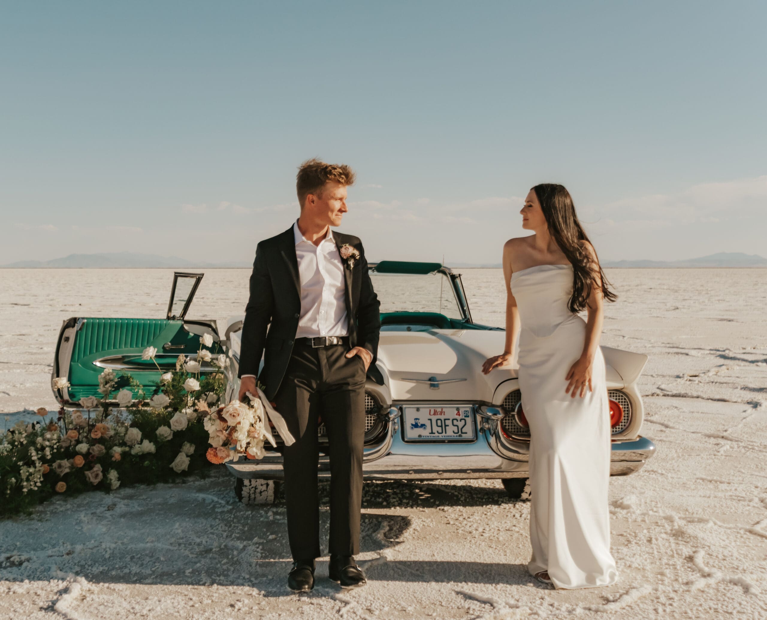 Couple eloping at the Bonneville Salt Flats in Utah.
